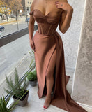 Cinessd  Saudi Arabia High Side Split Mermaid Satin Prom Dresses Off The Shoulder Evening Gown Pleat Ruched Formal Party Dress