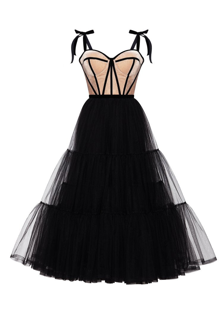 Cinessd  Black Puffy Tulle Prom Dresses Spaghetti Straps Midi Prom Gowns Open Back Tea-Length A-Line Formal Party Dress