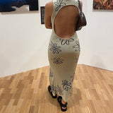 Cinessd  Floral Print Backless Sexy Knitted Dress Split Side Party Bodycon Long Dress Robe Vintage Skinny Fashion Streetwear