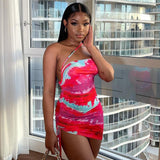 Cinessd  2022 Clubwear Drawstring Ruched One Shoulder Mini Dress Colorful Tie Dye Sexy Bodycon Dresses For Women