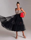 Cinessd  Black Puffy Tulle Prom Dresses Spaghetti Straps Midi Prom Gowns Open Back Tea-Length A-Line Formal Party Dress