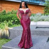 Luxury Africat Arabic Burgundy Sparkly Sequins Evening Dress 2022 Mermaid Prom Dresses Beads Tassel Plus Size robe de soiree