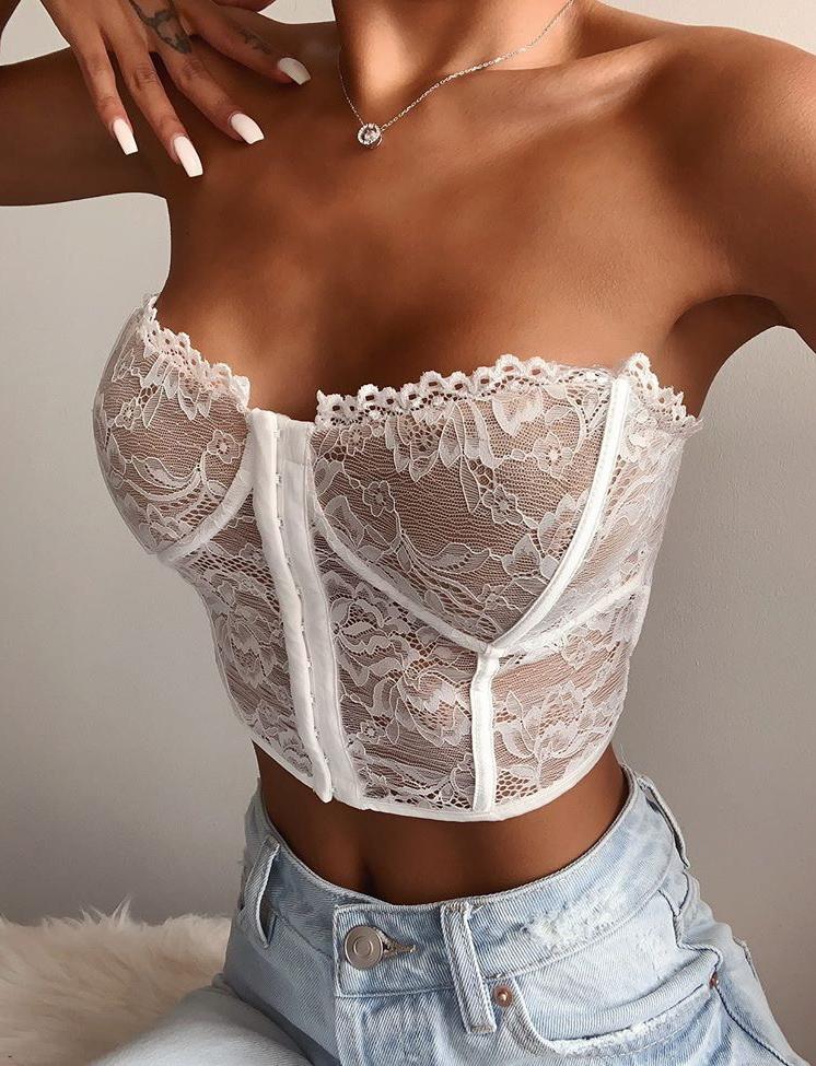 Cinessd  Sexy See-Through Women's Intimates Lace Hem Backless Strapless Off-The-Shoulder Tube Top Lace Fashion Tank White/ Black