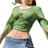 Cinessd  Vintage Women Sexy See Through 2000S Mesh Cardigan T-Shirt Ladies Girls Flare Long Sleeve Button Down Lace E-Girl Crop Tops