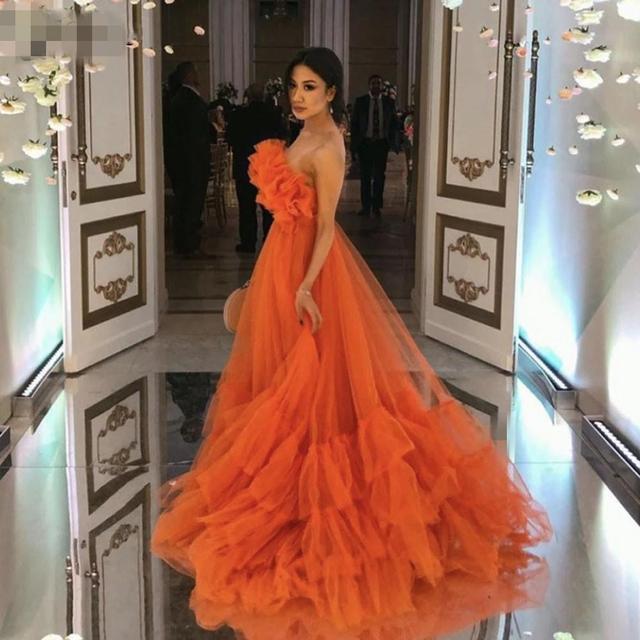 Cinessd  Orange Ruffles Tulle Evening Party Dresses Strapless Tiered Plus Size Prom Dresses A Line Special Occasion Gowns