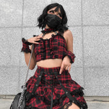 Cinessd  E-girl Punk Red Plaid 2pcs Sets Fairy Grunge V Neck Lace Tirm Backless Camis Crop Top Kawaii Lolita Mini Skirts y2k Vintage
