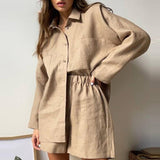 Cinessd Back To School Women Two Piece Set Casual Long Sleeve Turn-Down Collar Cotton Linen Loose Blouse Shirts And High Waist Shorts Retro Tracksuit