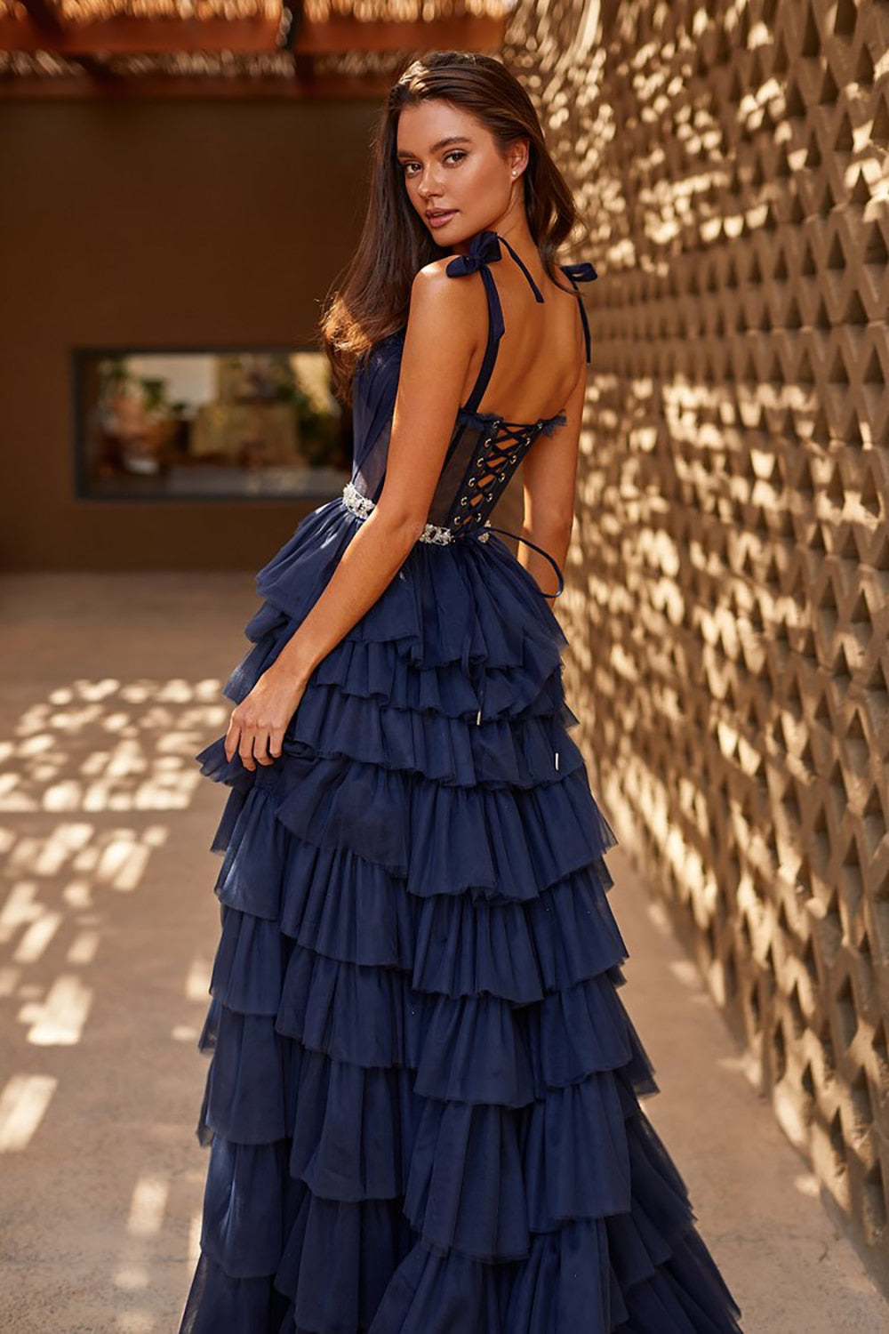 Cinessd  Fivsole Long Prom Dresses Sweetheart Crumpled Tulle Ruffles Evening Dresses Off Shoulder Tiered A-Line Party Dresses With Belt