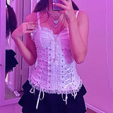Cinessd  E-girl Grunge Kawaii Corset Top Zipper White Lace Trim Bandage Slim Fit Cropped Top Gothic Emo Alt Clothes Women Streetwear