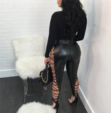 Cinessd  Hollow Out Lace Up Sexy Pencil Pants Women High Waist Bandage Leggings Club Party PU Faux Leather Pants Female
