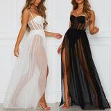 Cinessd Back to school outfit Summer Women Sheer Mesh Maxi Dress Vestidos De Fiesta Sexy See Through Club Party Sleeveless Lace Tulle Dress Sundress