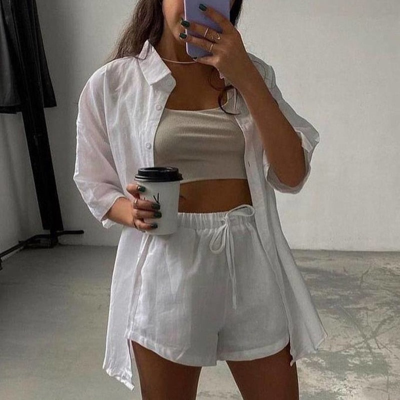 Cinessd Back to school Casual Womem Yellow Lounge Wear Summer Tracksuit Shorts Set Long Sleeve Shirt Tops And Mini Shorts Suit New Two Piece Set
