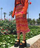 Cinessd  Fashion Summer Women Boho Beach Casual Style Skirts Female High Waist Floral Printing Orange Midi Skirt Party Holiday Clothing