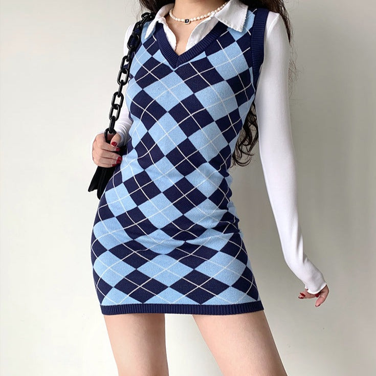 Cinessd - College Diamond Vest Knit Dress