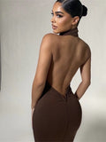 Cinessd  Sleeveless Backless Halter Bodycon Dress Ladies Club Brown Long Dress Sexy Off Shoulder Dresses For Women 2022 Autumn