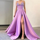 Cinessd Back to school outfit Lavender Evening Dresses 2022 V-Neck Spaghetti Strap Sexy Prom Gowns Side Split Custom Sleeveless Satin Long Formal Party Dress