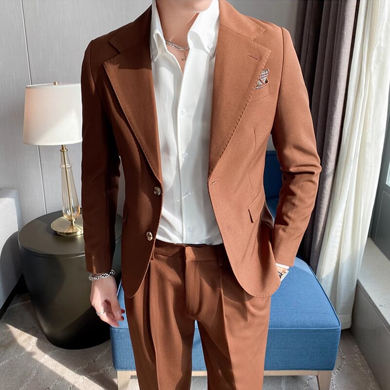 CINESSD    ( Jacket + Pants ) High End Men's Casual Business Suit Two-piece Set British Fashion Casual Suit Groom Wedding Dress Male Suit