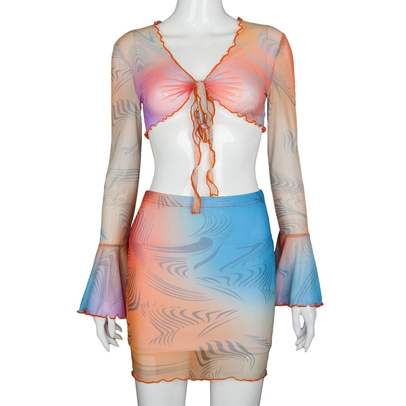 Cinessd  Print Women's Summer Dress Sets Mesh Long Sleeve Crop Top Mini Skirts Womens 2022 Two Piece Matching Set Dress Suits With Skirt