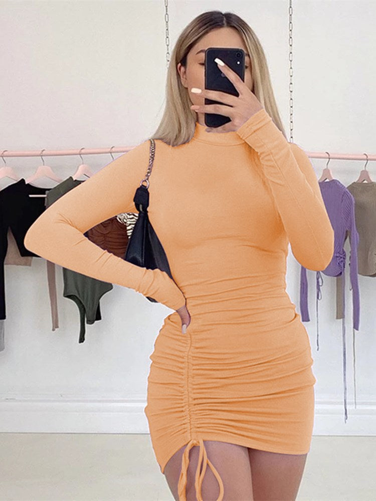 Cinessd Sexy Ruched Bodycon Mini Dress Women Clothes Fall 2022 Long Sleeve O Neck Lace Up Draped Tight Dresses Woman Party Night