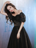 Cinessd Top Quality Black Long Evening Dress Transparent Short Sleeve A-Line Party Dresses Sequined V-neck Graduation Prom Gowns
