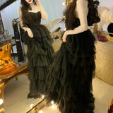 Cinessd - Cocktail Gowns Dresses Ruffles Prom Dresses Elegant Strapless Sleeveless Lace Tulle High Split Women Vestidos De Noche