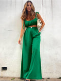 Cinessd  2022 Summer New Sexy Camisole Commuter Pants Loose Cotton Green Slacks Suit Ladies Two-Piece Suit Solid Sleeveless Wide Leg
