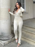 Cinessd   Skinny Two Piece Set Women Knit V-Neck Long Sleeve Top And Pants Female Jumpsuits 2 Piece Outfits Sexy Femme Matching Sets