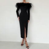 Cinessd Back to school outfit Elegant Black High Side Split Feathers Satin Mermaid Evening Dresses Long Sleeves Formal Party Dress Dubai Prom Gown 2022