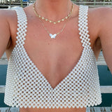 Cinessd  Pearl Fishnet Hollow Out Camisole Elegant Lady Summer Beach Holiday Cover-ups Chic Women Sleeveless Backless Crop Top Vest
