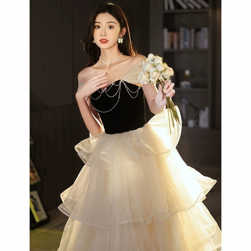 Cinessd  fashion inspo    French Off Shoulder Evening Dress Light Luxury Beaded Cake Princess Dresses Glitter Tulle Floor-Length Birthday Graduation Gown