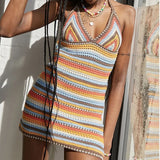 Cinessd  Y2K Color Stripe Knitted Dress Women Sleeveless Halter Bodycon Mini Dress Beach Bohemian Sexy Summer Dresses Female