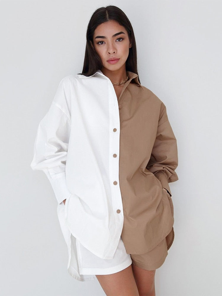 Cinessd  Spring Summer Women's New 2022 Splicing Color Contrast Long Sleeved Shirt And Shorts Two-Piece Cotton Hemp Leisure Fashion Suit