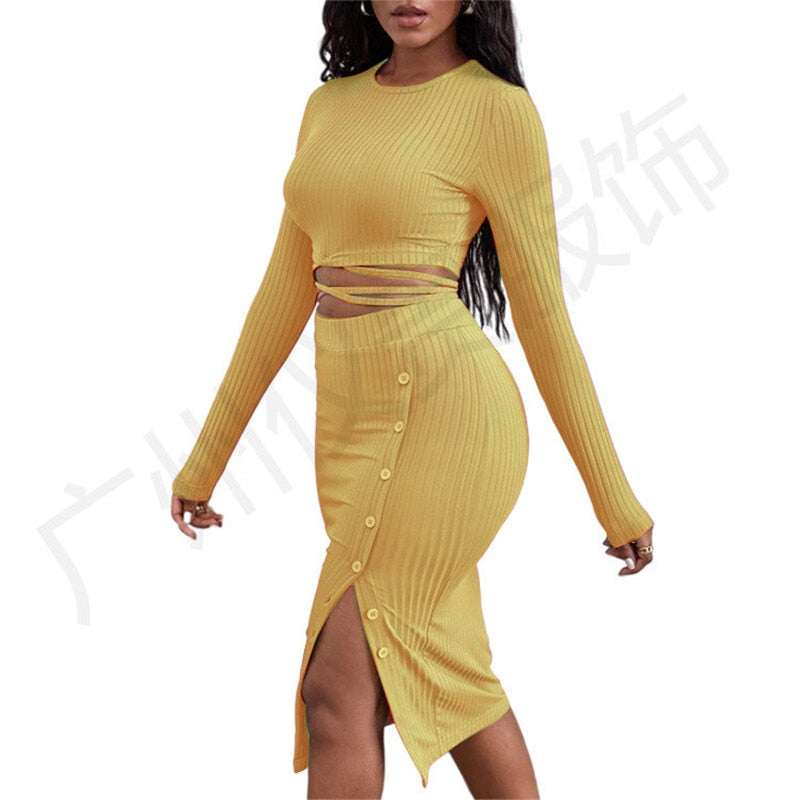 Cinessd Autumn Knitted Two-Piece Suit Women Elastic Waist Side Slit Button Design Pencil Skirt + Long Sleeve O-Neck Sweater Suit