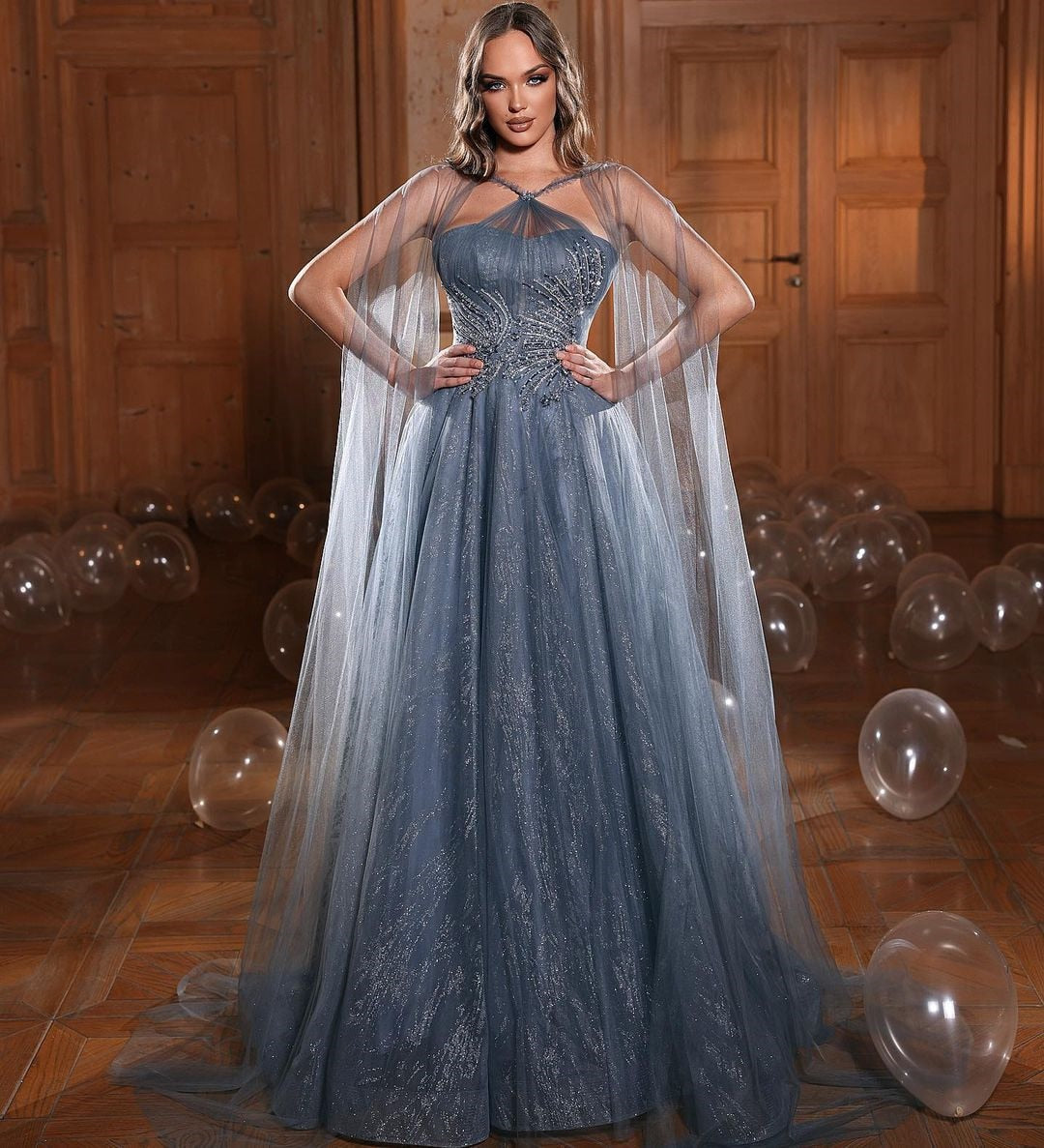 Cinessd  Long Tulle Prom Dresses With Cape Crystal Sequined Beading Halter A-Line Evening Dress Wedding Party Gown 2022