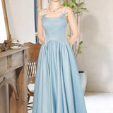 Cinessd    Romantic Blue Prom Dress Women Luxury Satin Spaghetti Strap Pearl Bow A-Line Formal Occasion Dresses Floor-Length Party Dresses