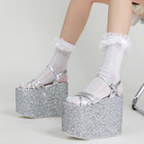Cinessd  Platform Block Heel Sandals For Women Bling Shoes Buckle Strap Super High Heels Goth Gothic Open Toe Summer New 2022 Trendy