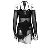 Cinessd Back to school outfit Sexy Transparent Skinny Mini Dress Club Party Outfits For Women Black Long Sleeves Elegant 2 Piece Dresses Casual Beach