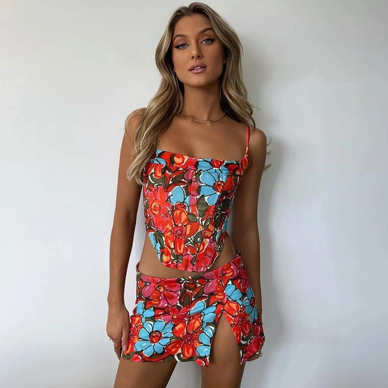 Cinessd Vintage Floral Print Colorful Skinny 2 Piece Set Women Summer Trend Camisole+Split Skirt Matching Streetwear Female Outfits