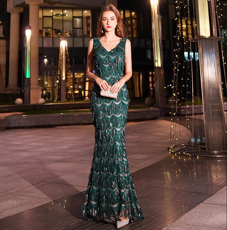 Cinessd   Green Evening Dresses Long Mermaid V-Neck Sequined Abendkleider Women Robe De Soiree