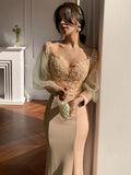 Cinessd  Romantic Trumpet Evening Dress Deep V-Neck Long Sleeve Slim Women Banquet Gown Delicate Embroidery Long Party Dress