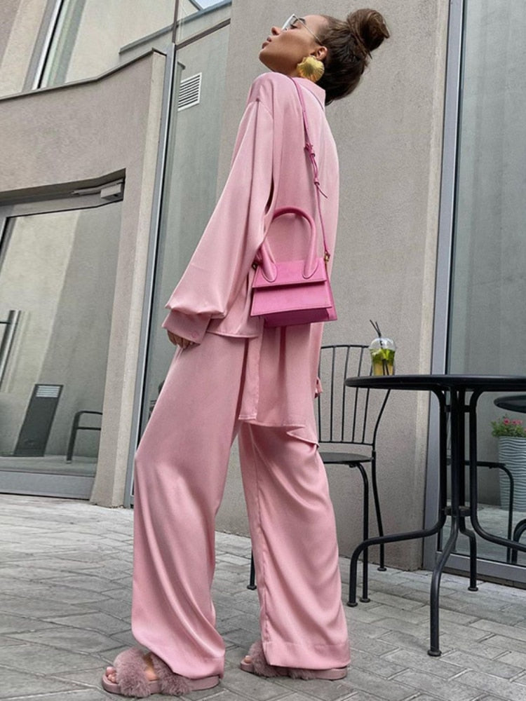 Cinessd  2022 Spring Summer Pink Satin High Waist Elegant Loose Fashion Long Sleeved Top Two-Piece Shirt Casual Wide Leg Pants Set WOMEN