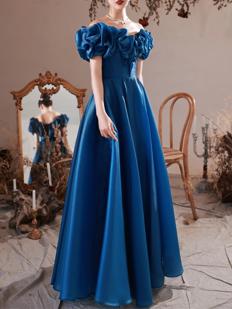 Cinessd  fashion inspo     Elegant Blue Pleat Satin Off The Shoulder Evening Dress A-line Formal Prom Gown Graduation Dress for Wedding Party 2023 New
