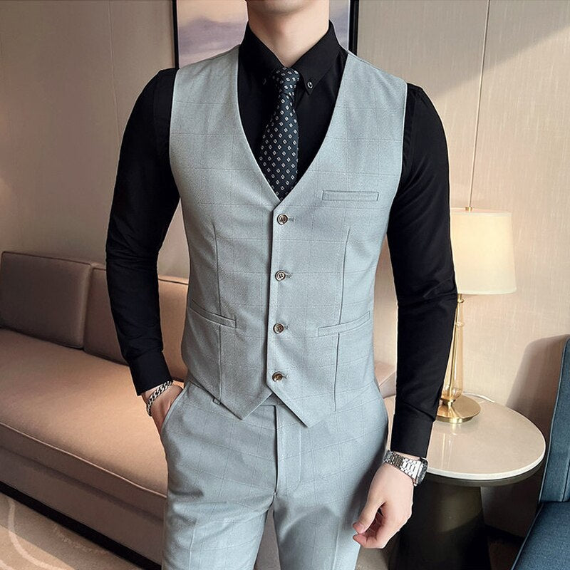 CINESSD    5XL Blazer Vest Pants Mens Suit Plaid Casual Business Office Suit Groom Wedding Dress Slim Suit 3Pcs ro 2Pcs Jacket Trousers