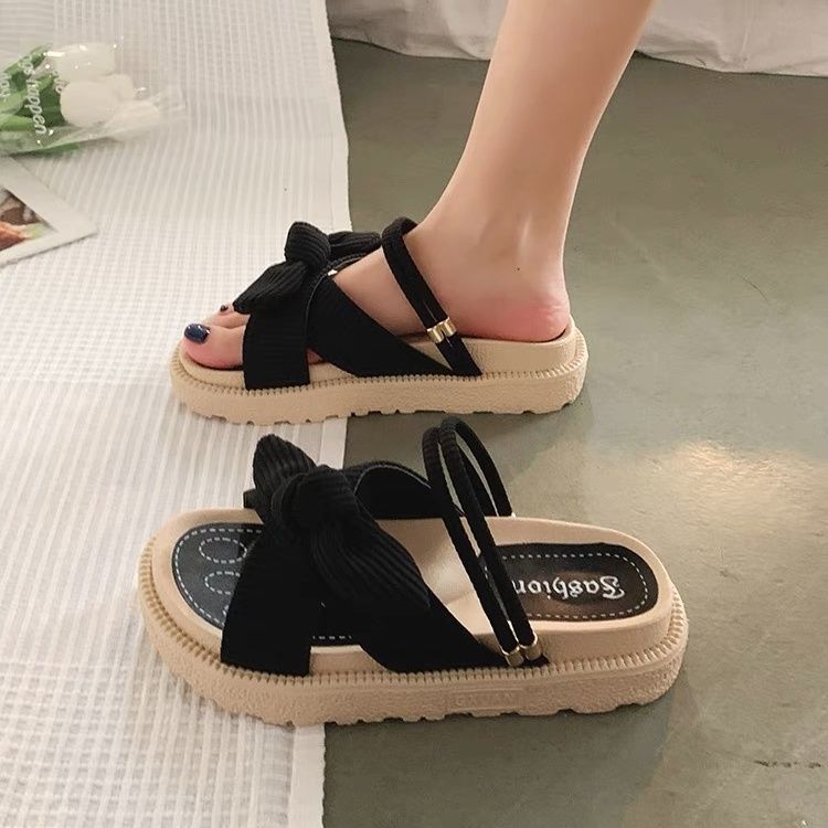 New 2021 Sandals Lady Summer Fairy Style Fashion Student Thick Soled Roman Flat Shoes Indoor Slippers Slides  Butterfly-knot