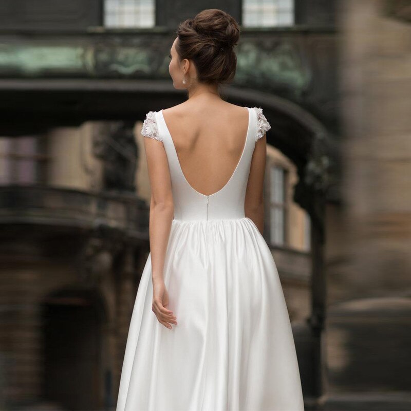 Cinessd Back to school outfit Tea-Length Short Wedding Dresses 2022 Cap Sleeve Boat Neck Appliques Beads Sequins A-Line Bridal Gown For Women Robe De Mariee