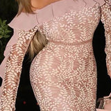 Cinessd  2022 Fashion New Party Elegant Dress Ruffles Solid Color Off Shoulder Leaf Lace Dress Casual See Through Long Sleeve Dress Women