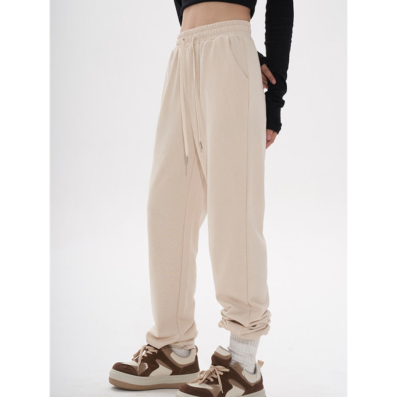 Cinessd  Khaki Womans Sweat Pants High Waist Summer Vintage Straight Trouser Streetwear Harajuku Baggy Wide Leg Drawstring Sweat Pants
