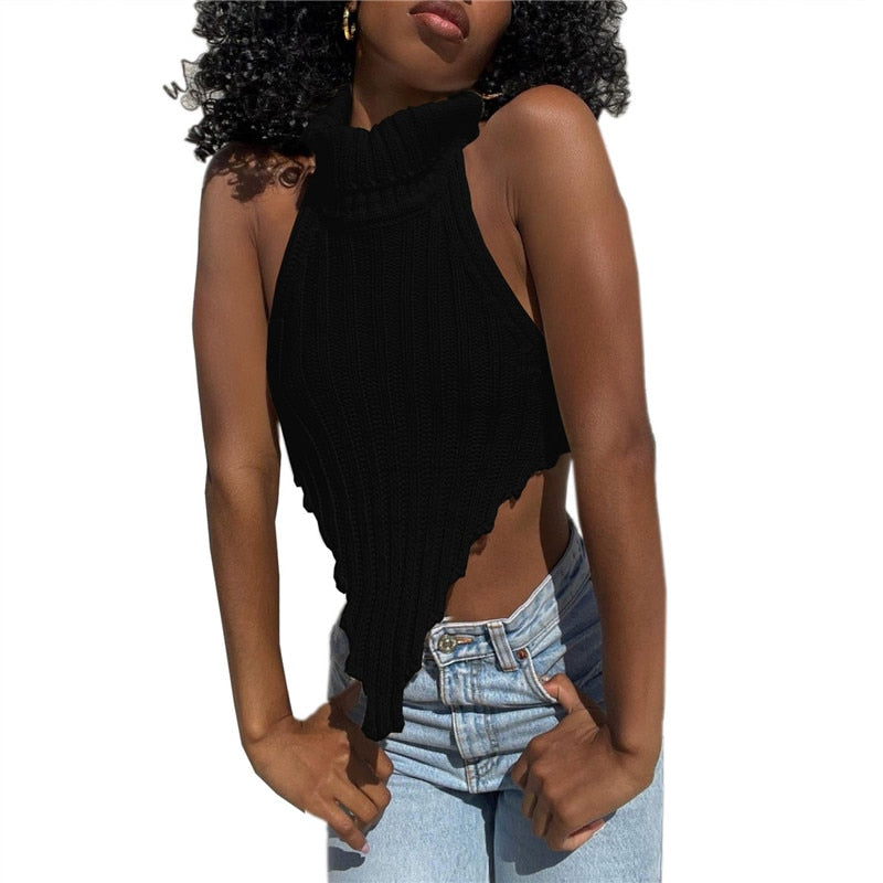Cinessd Asymmetrical Black Crop Top Women Backless Sleeveless Tops Women Turtleneck Fashion Knitted Tank Top Streetwear 2022