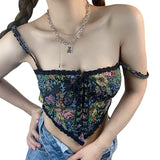 Cinessd  2022 Women Elegant Vintage Print Halter Corset Tops Chic Bandage Floral T-Shirts Sexy Style Party Club Streetwear Top