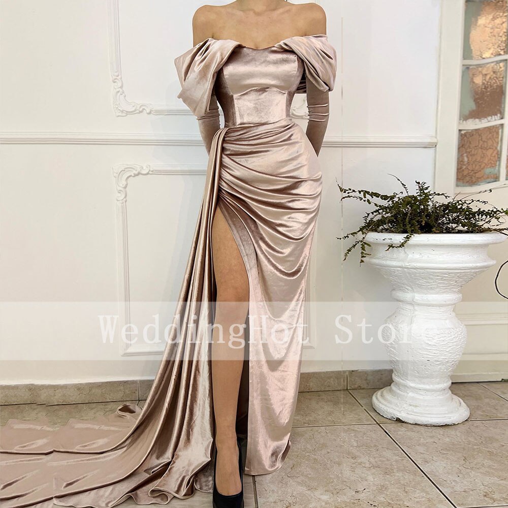 Cinessd Back to school outfit Velour Evening Dresses 2022 Off-The-Shoulder Long Sleeves Elegant Prom Gowns Pleat Side Split Sexy Mermaid Formal Party Dress
